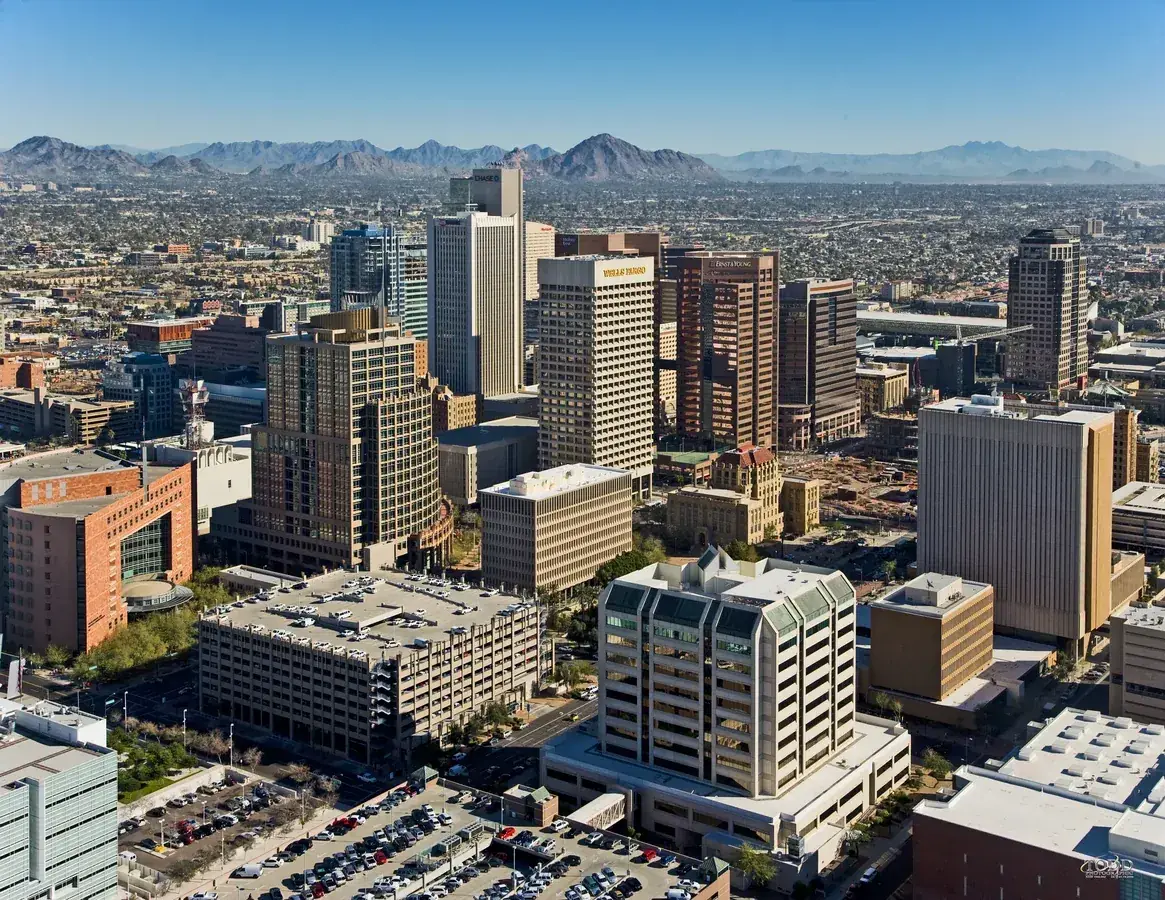 Skyline view of Phoenix — looking northeast from a helicopter, from above the 4th Avenue Jail — Phoenix, AZ