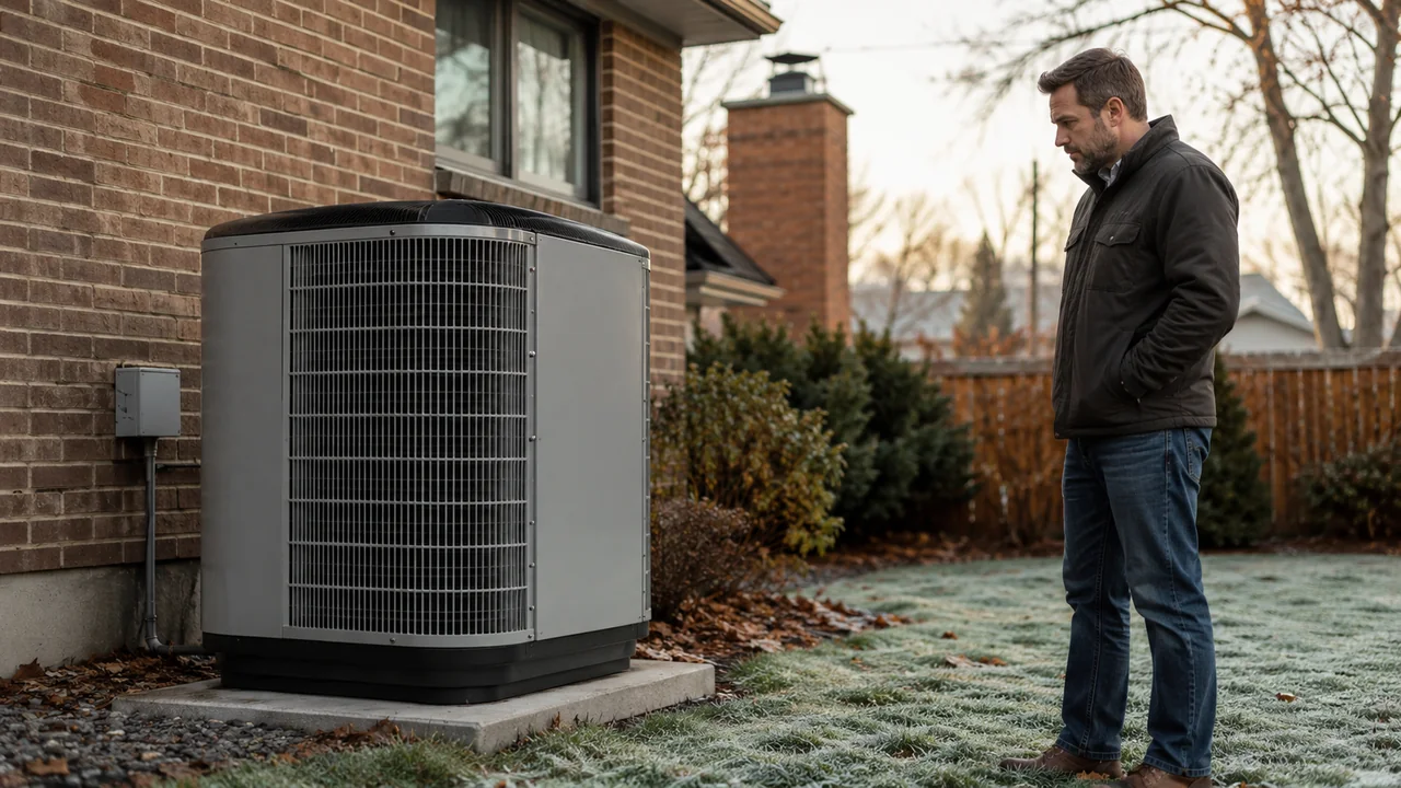 Modern cold-climate heat pump unit on a concrete pad beside a suburban home in late autumn light, light frost on the surrounding grass, with a homeowner mid-decision evaluating the unit for a heating and cooling system replacement in 2026