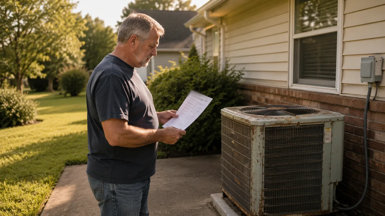 Homeowner standing back from an aging residential outdoor air conditioning condenser unit beside a suburban home in afternoon light, holding a paper repair quote and considering the repair-vs-replace decision on a 12-year-old AC system