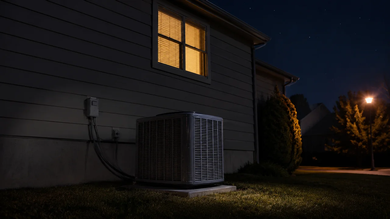 Residential outdoor HVAC condenser unit photographed at night beside a dimly-lit suburban home with one window light still on, illustrating a late-night homeowner needing 24-hour emergency HVAC repair service
