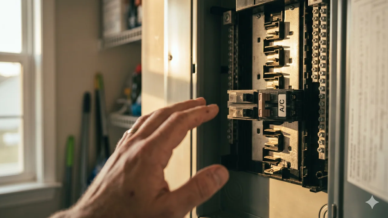 Close-up of a residential electrical service panel with the door open, a row of standard breakers visible, and one 2-pole breaker labeled A/C in the clearly tripped middle position — a homeowner's hand hesitating near it but not touching
