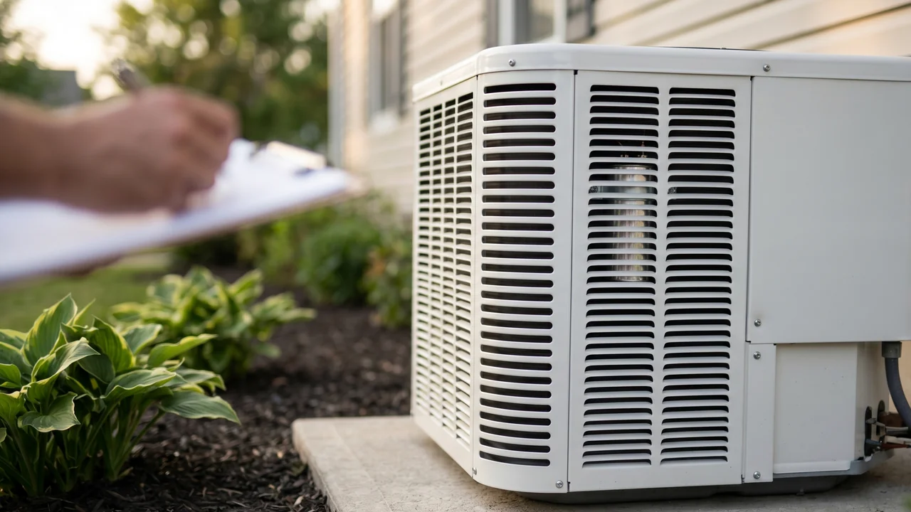Close-up of a residential outdoor air conditioning condenser unit on a concrete pad outside a suburban home, with the access panel closed and the side louvers showing the cylindrical metal can of a dual-run capacitor inside, illustrating the homeowner safety check for a bulging or leaking capacitor without opening the unit