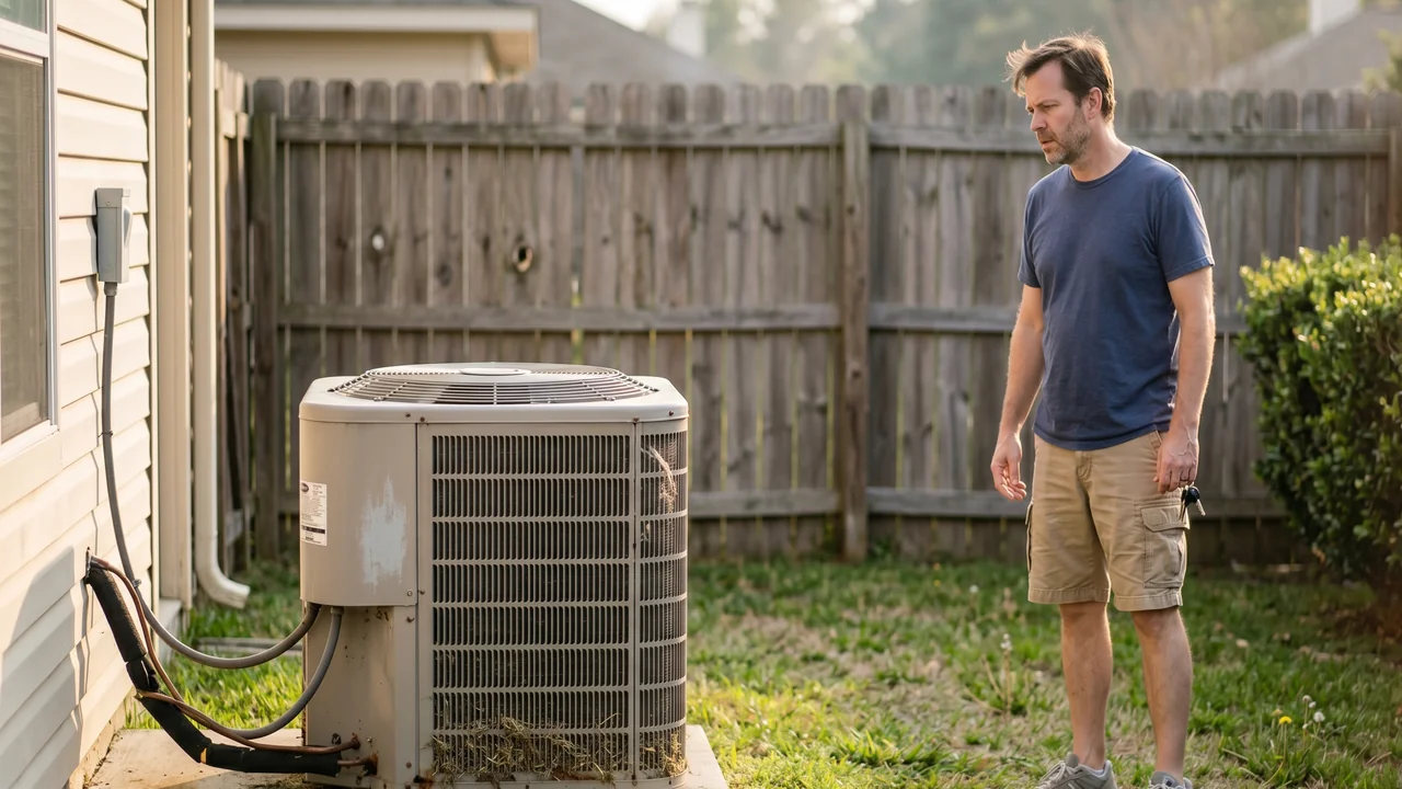 Residential outdoor AC condenser unit on a concrete pad beside a suburban home in summer afternoon light — the cabinet is closed and undisturbed while a homeowner stands back at a safe distance listening to a faint rhythmic clicking coming from inside, no hands touching the unit