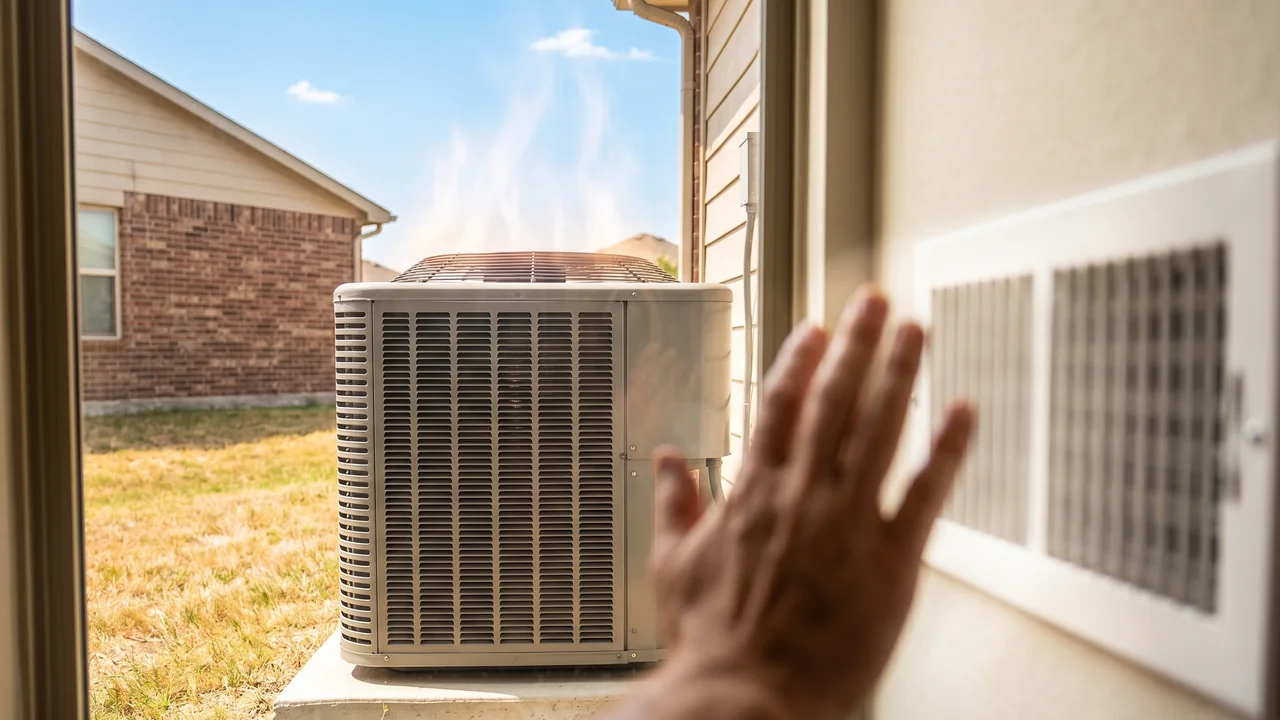 Residential outdoor AC condenser unit running in heavy afternoon sun beside a suburban home, with visible heat haze rising from the unit and a homeowner's hand held up to a supply register inside feeling weak, lukewarm airflow
