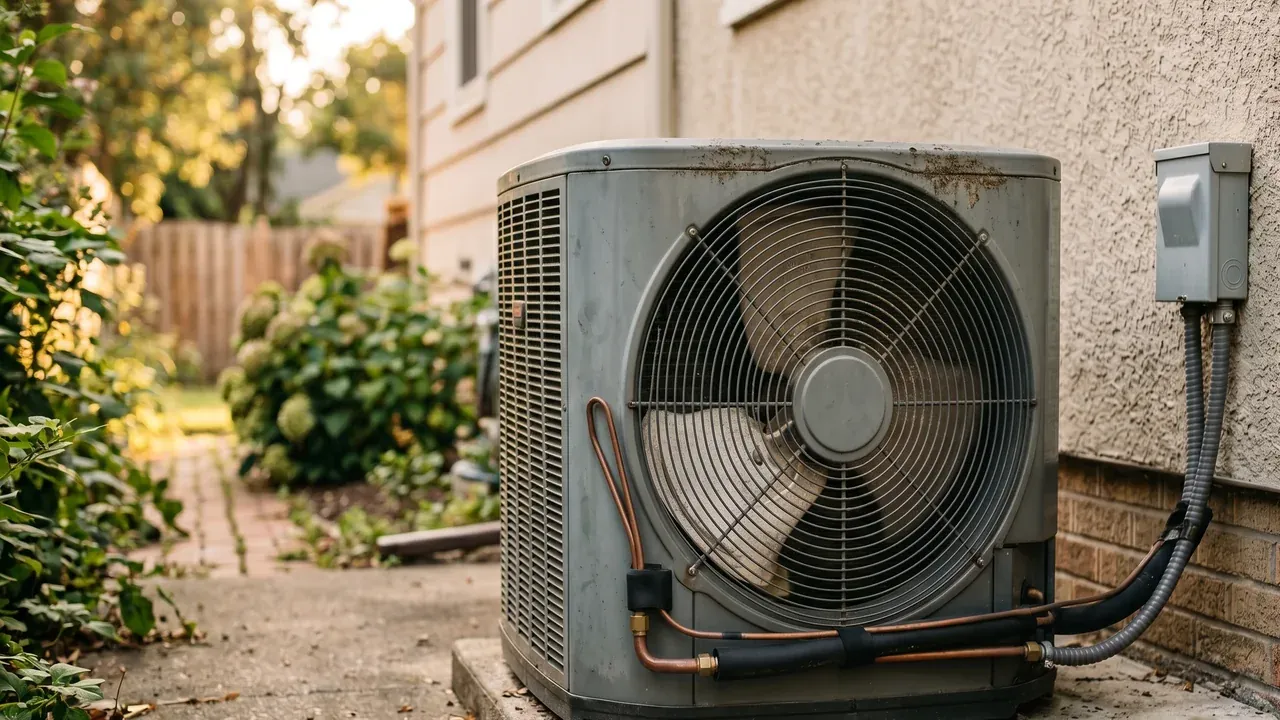 Homeowner crouched beside a residential outdoor AC condenser unit on a concrete pad in golden-hour sunlight, hand resting on the housing to check for vibration and warmth during a summer AC troubleshooting session