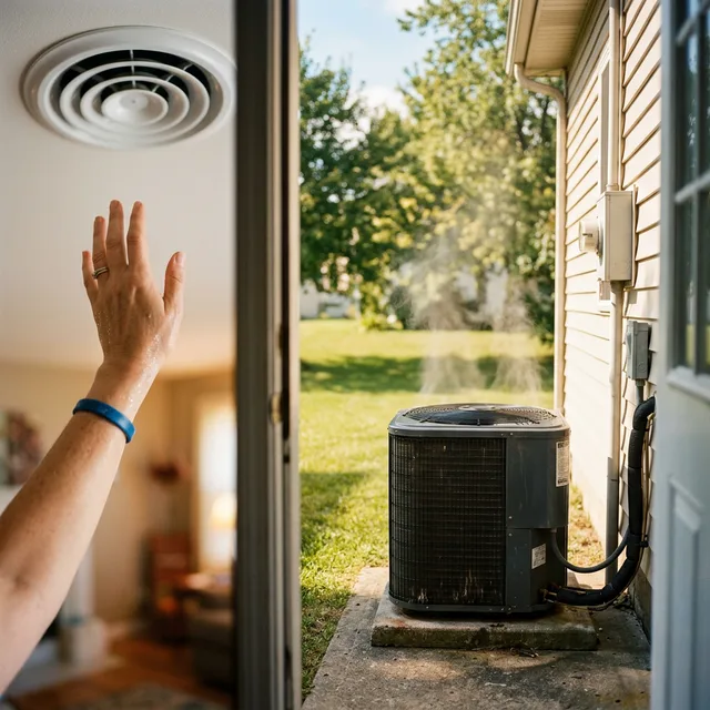 AC condenser unit running outside a home but blowing warm air from indoor vents