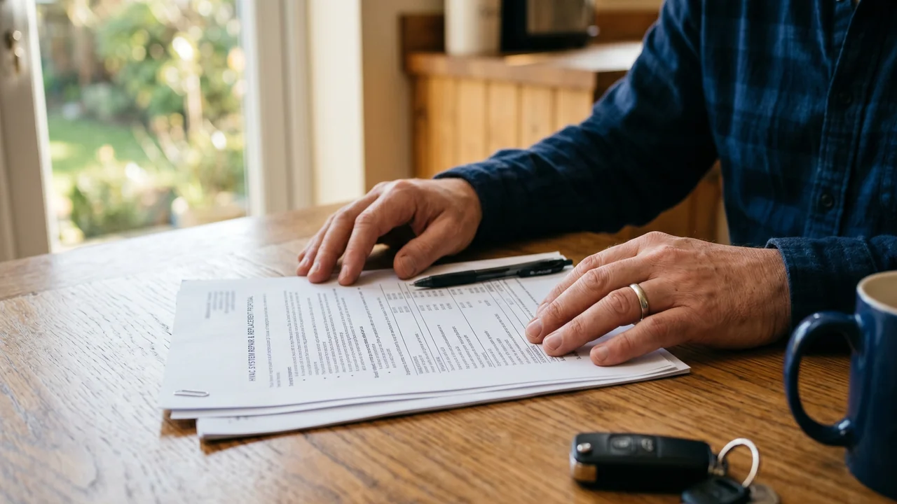 A homeowner's hands reviewing a multi-page printed HVAC repair and replacement quote on a wooden kitchen table, pen resting on the paper, coffee mug and car keys in soft focus, warm afternoon light from a side window