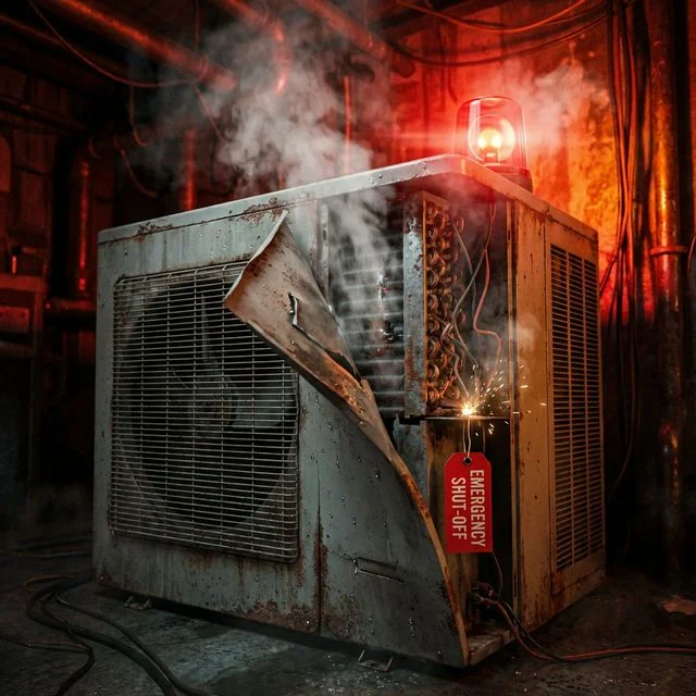 HVAC technician inspecting a unit showing 7 warning signs of failure