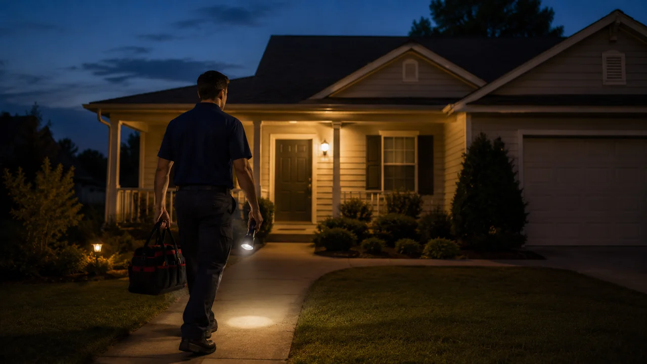 HVAC technician in branded uniform arriving at a suburban home after dark with a tool bag and diagnostic flashlight, illuminated by porch light, illustrating an after-hours emergency HVAC service call in 2026