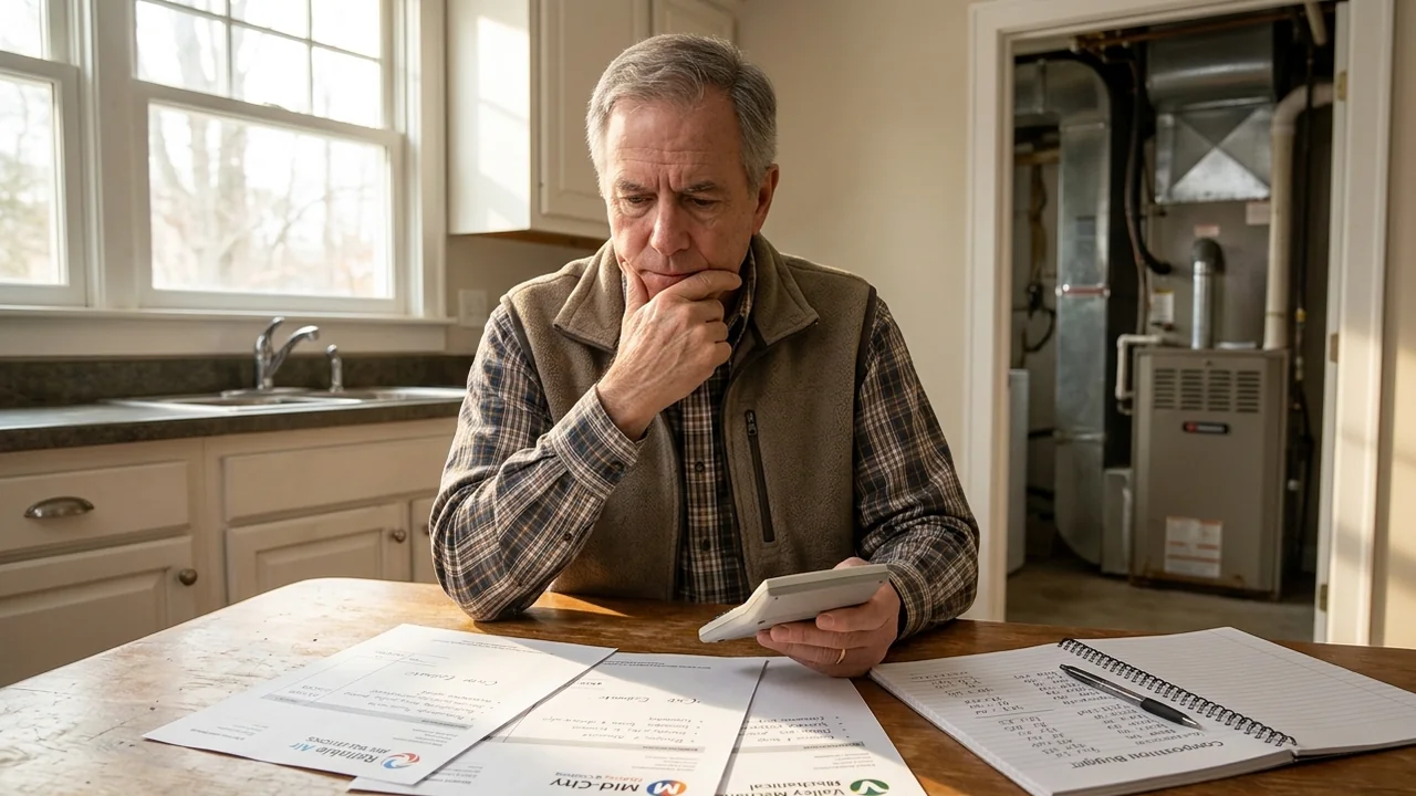 Homeowner at a kitchen table with a calculator and three HVAC contractor quotes laid out on paper, mid-thought while comparing financing options for an HVAC system replacement