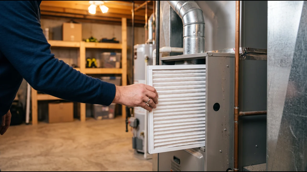 Gas furnace in a basement utility room with a homeowner's hand sliding a clean pleated air filter into the filter slot before the first cold night of the season