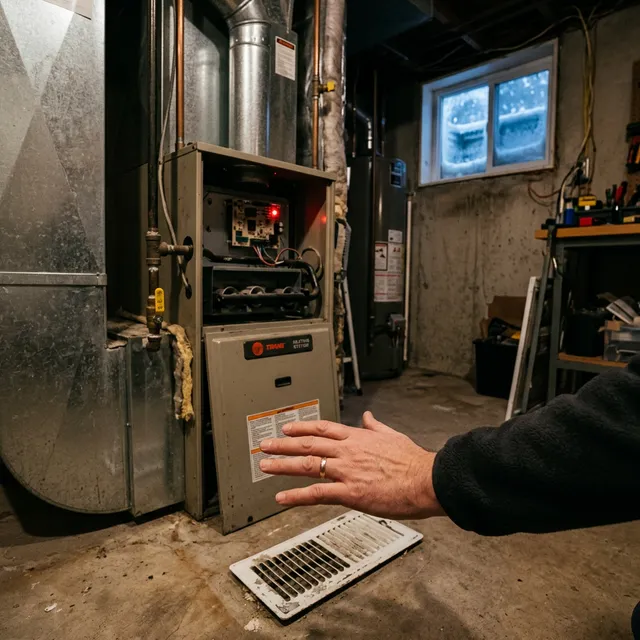 Gas furnace in a basement utility room blowing cold air through ductwork in winter
