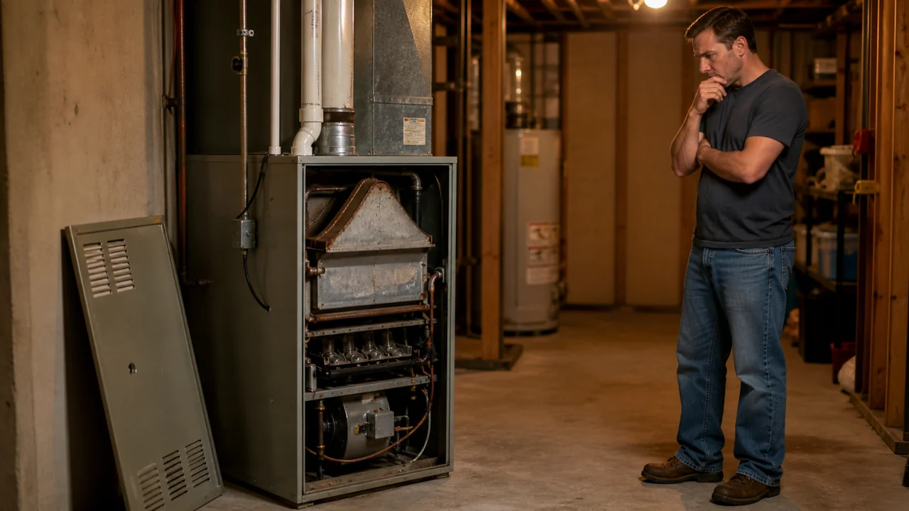 Homeowner standing back from a residential gas furnace cabinet in a basement utility room, side access panel removed and propped against the wall, looking at the heat exchanger and burner assembly with a concerned expression during a winter no-heat troubleshooting session