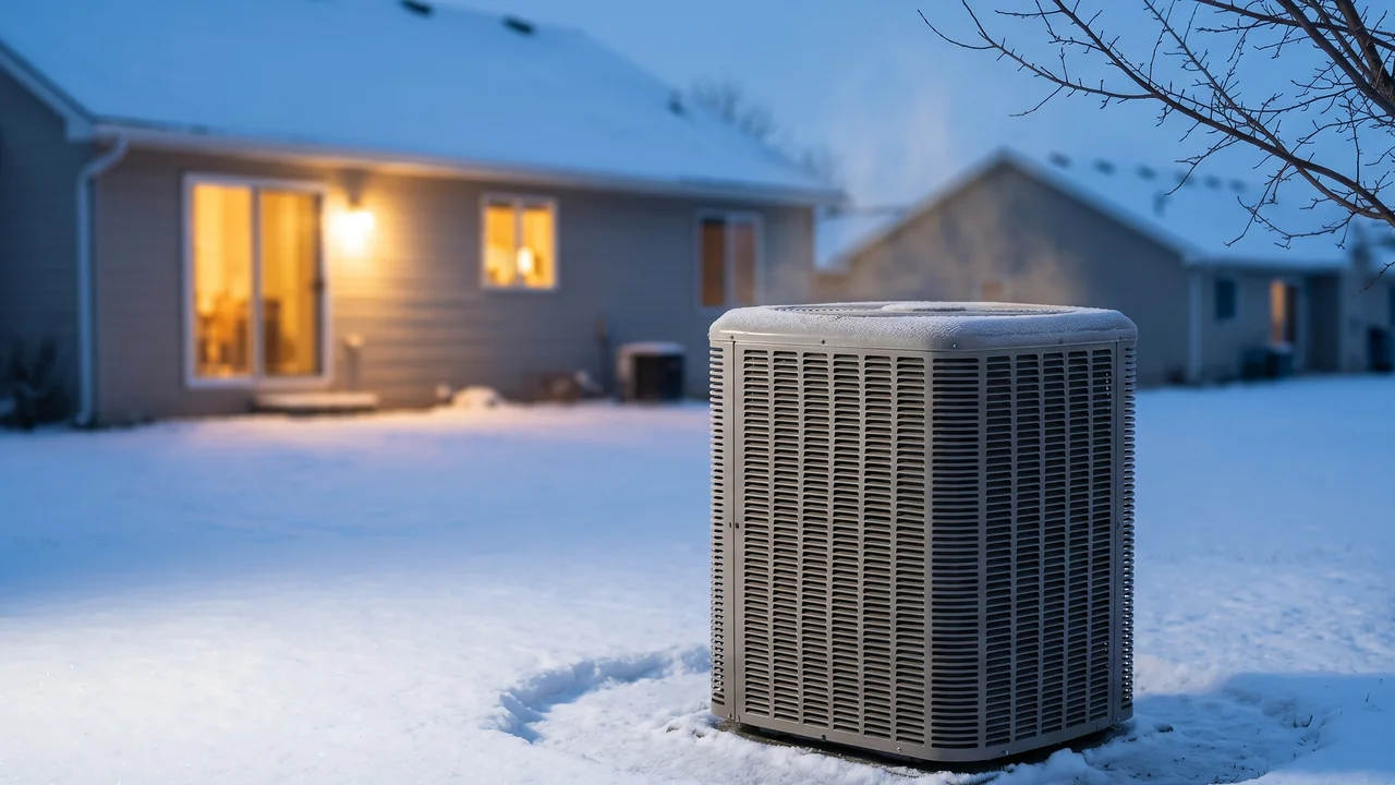 Residential outdoor heat pump unit operating in a snow-covered suburban backyard at dawn with visible warm-air shimmer and a light dusting of frost on the top of the cabinet, illustrating cold-weather heat-pump operation