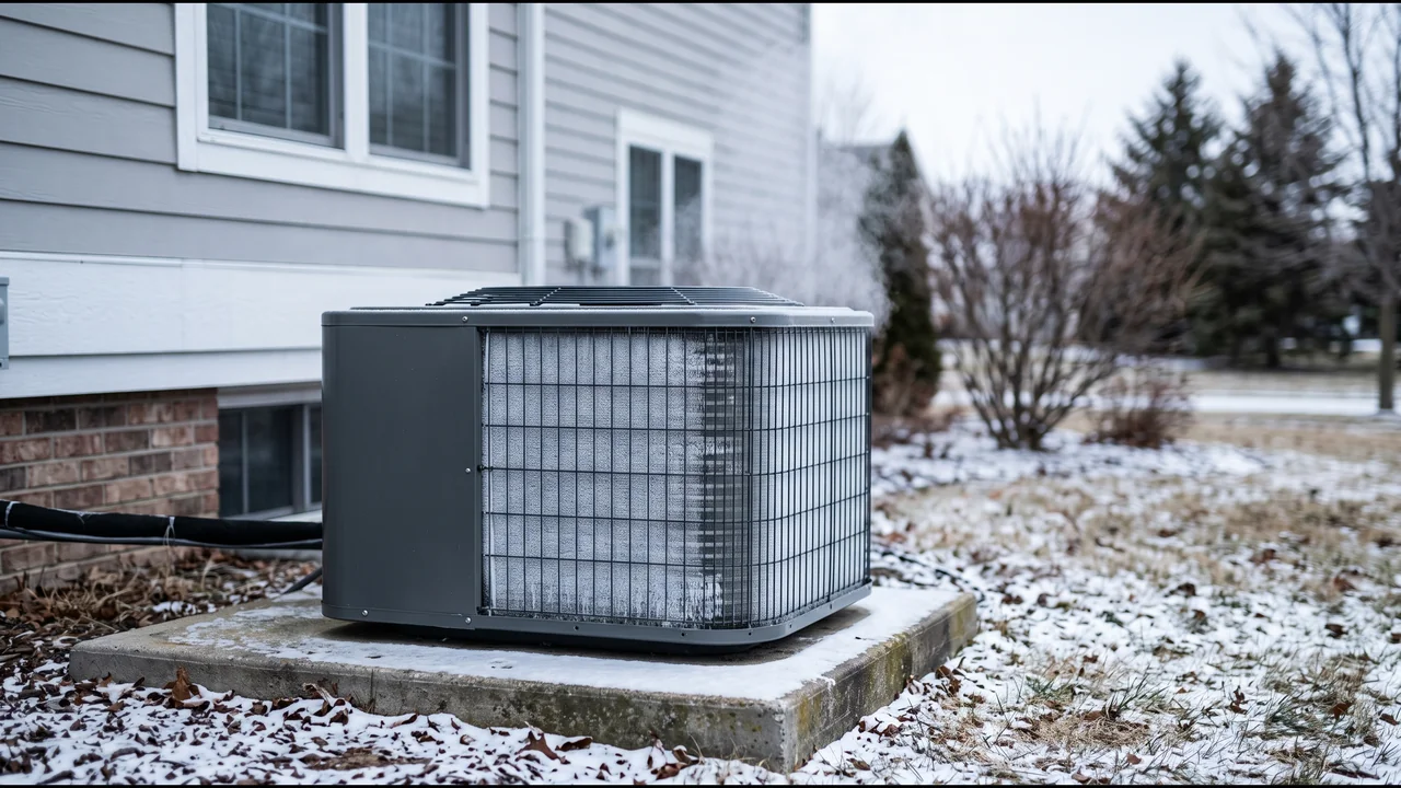 Residential outdoor heat pump unit on a concrete pad beside a house on an overcast winter morning, with a thin white layer of frost across the coil behind the fan guard and light snow on the ground around it