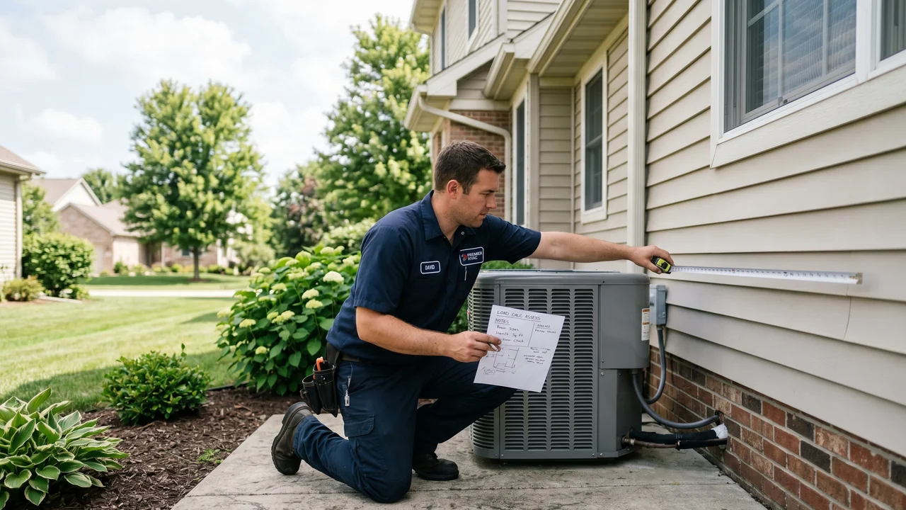 HVAC technician kneeling on a concrete pad next to a residential outdoor heat pump unit and the side of a suburban two-story home, holding a paper printout with annotations and a measuring tape against the wall, illustrating the on-site assessment phase of a Manual J residential load calculation before equipment is quoted