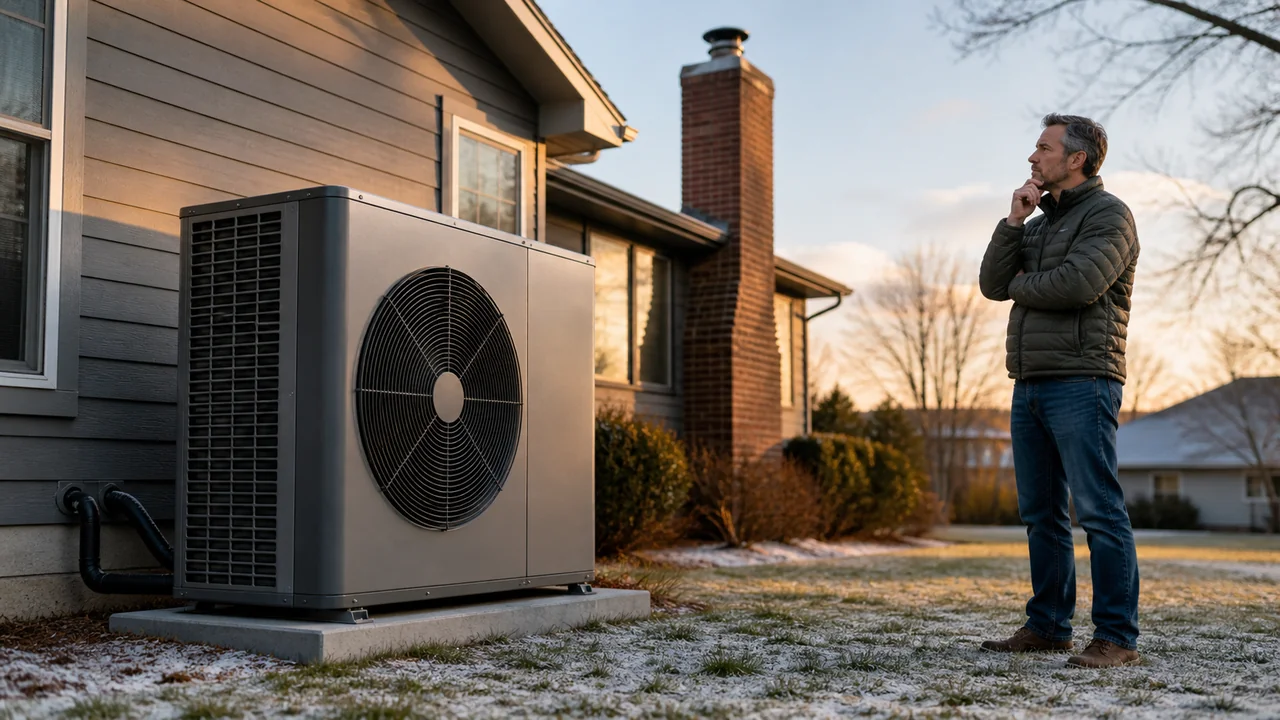 Homeowner standing back from a residential heat pump unit on a concrete pad beside a suburban home in early winter, brick chimney visible in the background suggesting an existing gas furnace inside, evaluating the heat-pump-vs-gas-furnace decision