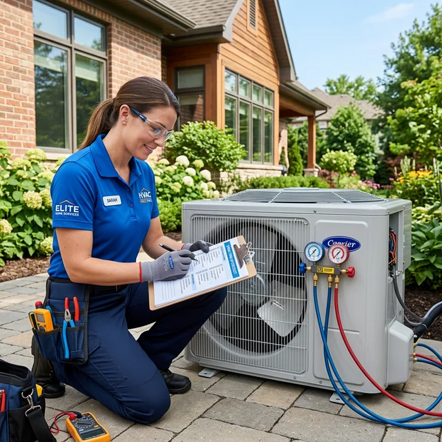 Homeowner checking HVAC filter as part of monthly maintenance