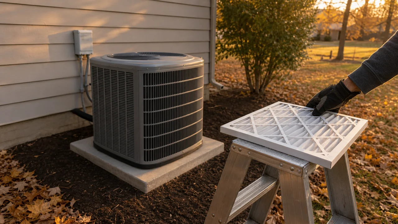 Homeowner in late autumn beside a clean residential outdoor HVAC condenser unit, fallen leaves cleared from the area, gloved hand holding a fresh pleated air filter ready to be installed, golden-hour light over a suburban yard