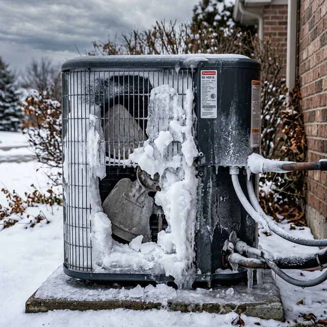 Frozen air conditioning unit with ice buildup on copper refrigerant lines indicating a leak