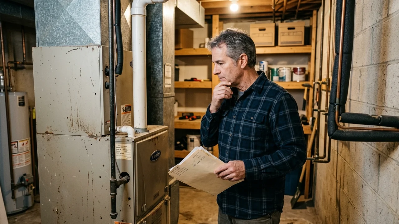 Homeowner standing in a basement utility room beside an aging residential HVAC system, gas furnace cabinet visible on left and AC refrigerant lines through the wall on right, holding a manila folder with paperwork while contemplating the repair or replace decision
