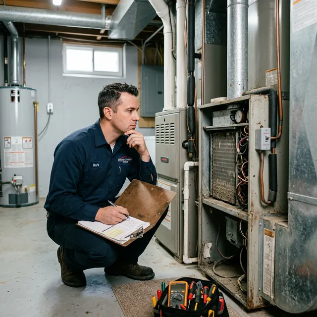 HVAC technician assessing system for repair or replacement