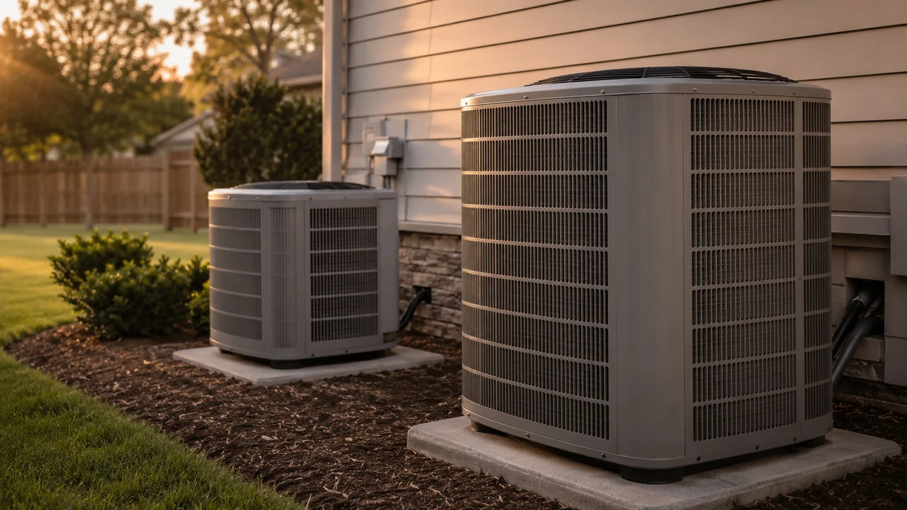 Two residential outdoor air conditioning condenser units side by side on a concrete pad beside a suburban home, one visibly more compact and modern than the other representing the SEER 14 vs SEER 18 efficiency tier decision in afternoon sunlight