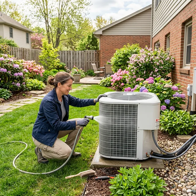 Spring AC maintenance — outdoor condenser unit being inspected
