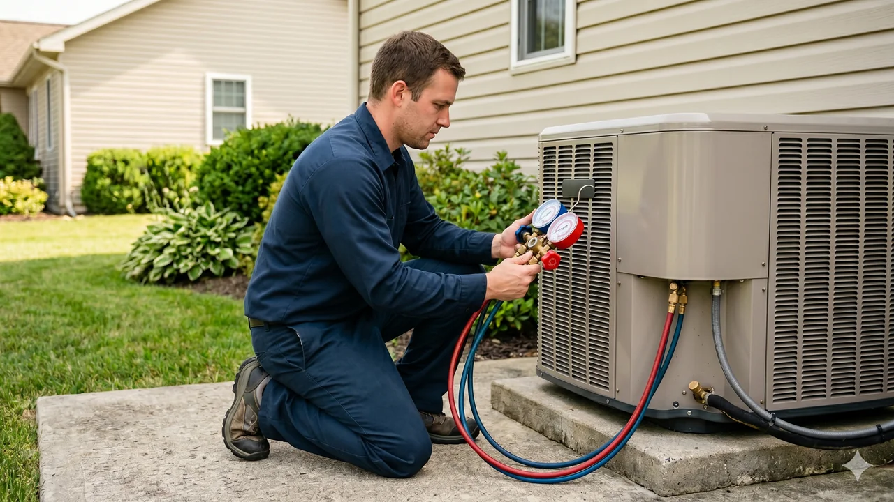 HVAC technician kneeling beside a residential outdoor condenser unit on a concrete pad, holding a manifold gauge set with the service-port hoses connected, performing a routine refrigerant pressure check on a sunny suburban driveway