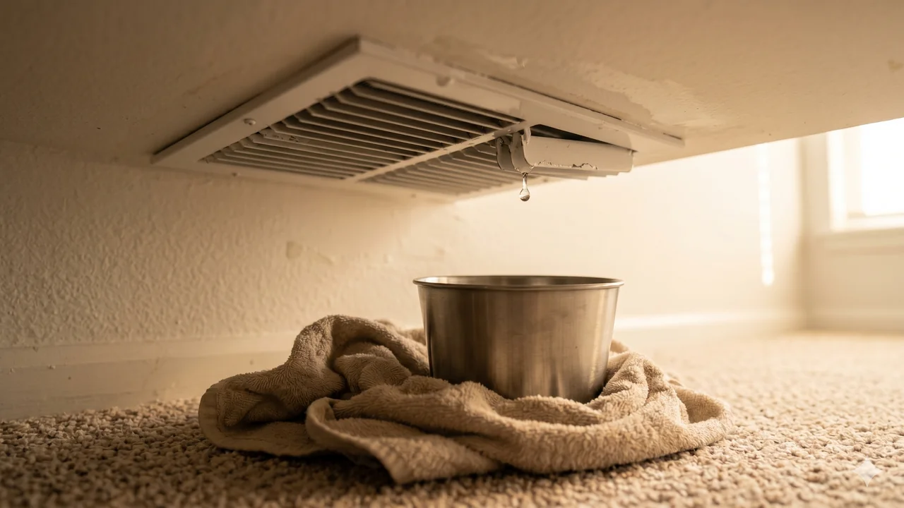 Close-up of a residential ceiling supply air register with a visible drop of water forming on the white metal louvers about to fall onto a beige carpet below where a stainless steel bucket has been placed to catch the drip, soft afternoon light through a nearby window, warm-toned interior