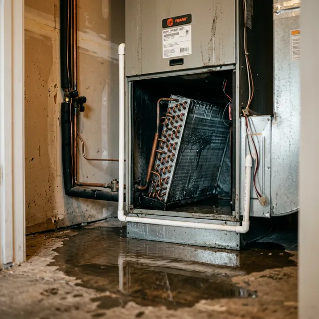 Water leaking from an indoor HVAC air handler unit onto the floor near the condensate drain pan