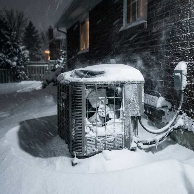 Outdoor HVAC heat pump unit covered in ice and snow during a severe winter storm