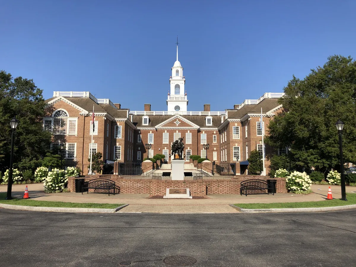 The east side of the Delaware Legislative Hall (Delaware Capitol Building) in Dover, Kent County, Delaware — Delaware