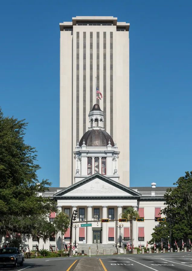An east view of both the historic and the current Florida State Capitols, Tallahassee — Florida